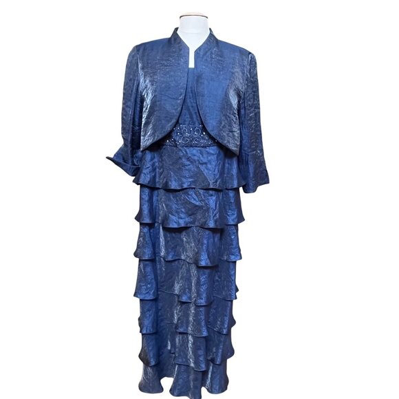 R&M Richards 2 Piece Blue Tiered Evening Gown Set 18W Shimmer Empire Bead Waist - Picture 1 of 14